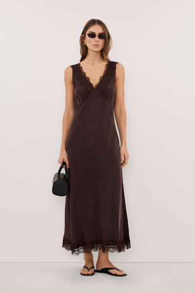 Stas wearing ANDREA PLUM CHOC CUPRO MIDI DRESS