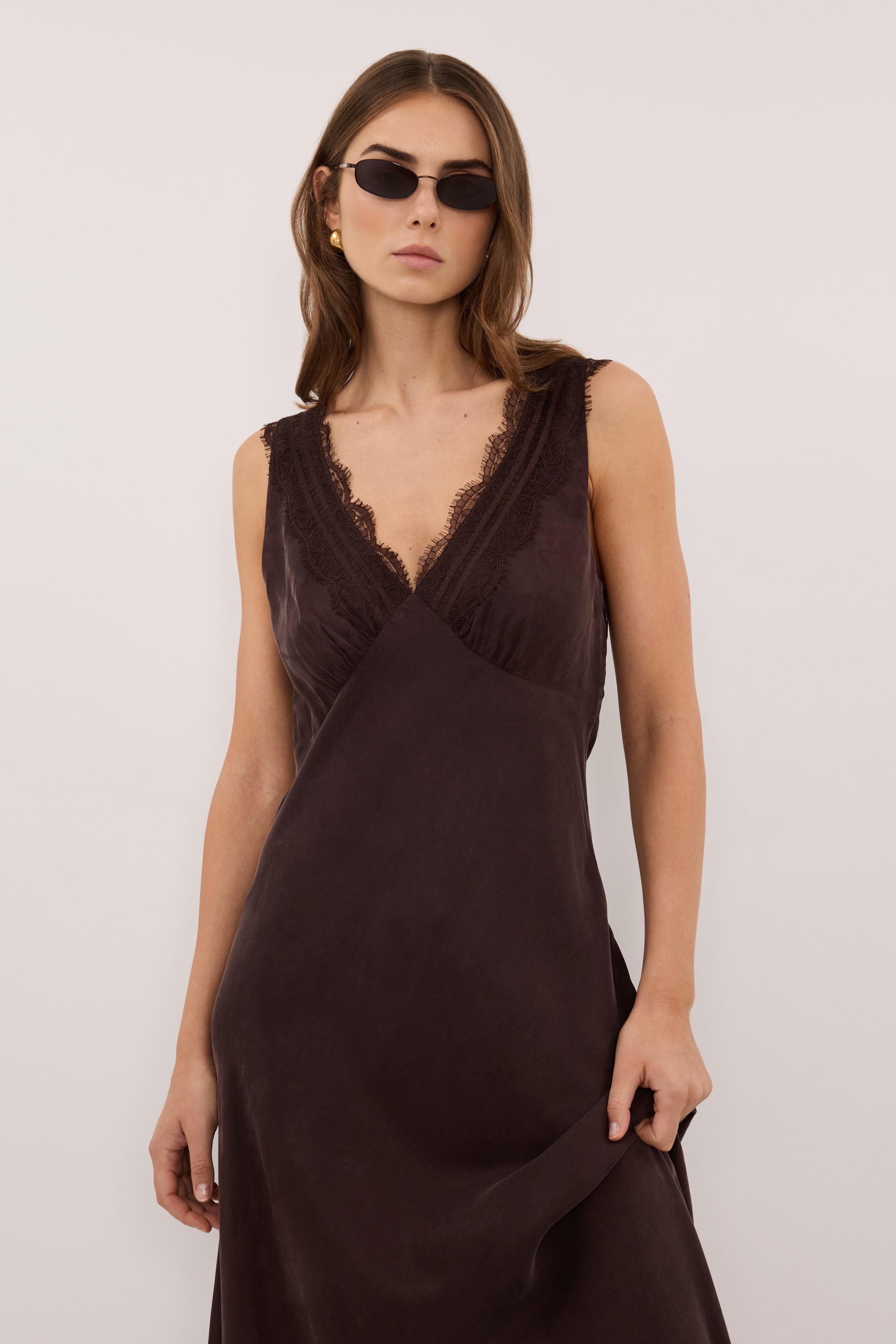 ANDREA PLUM CHOC CUPRO MIDI DRESS – DISSH
