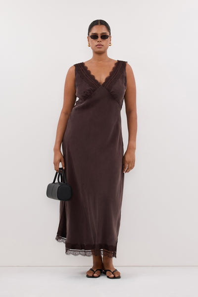 Amanda wearing ANDREA PLUM CHOC CUPRO MIDI DRESS