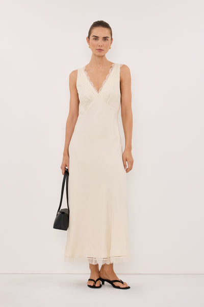 Stas wearing ANDREA SANDSTONE CUPRO MIDI DRESS