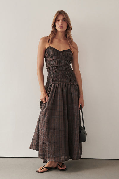 Yulia wearing PETRA CHOC CHECK MIDI DRESS