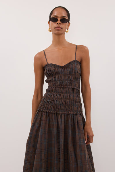 Kristen wearing PETRA CHOC CHECK MIDI DRESS