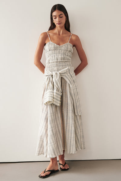 Holly wearing PETRA OFF WHITE CHECK MIDI DRESS