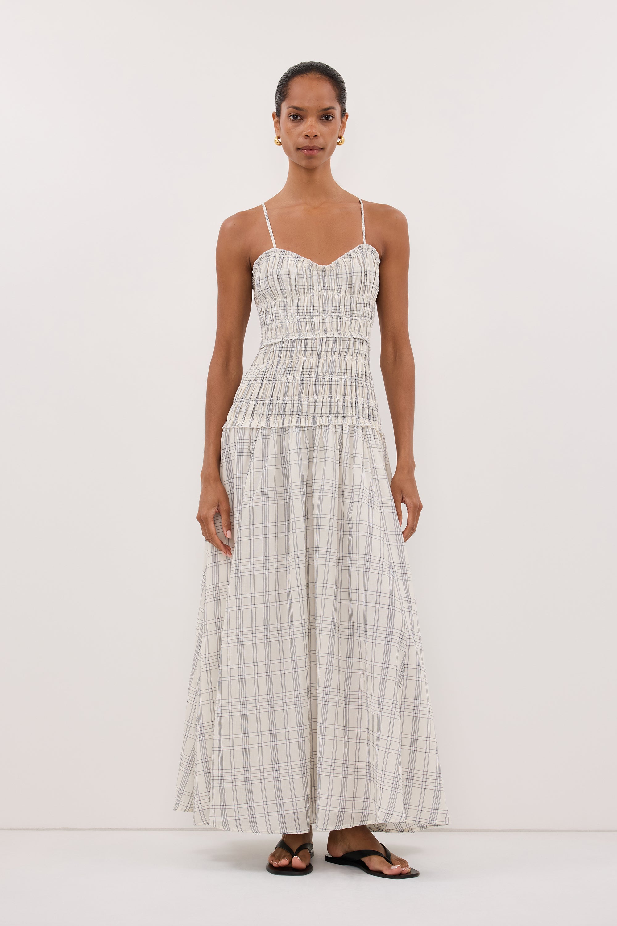 Petra Check Sleeveless Midi Dress in Off White By DISSH Petra Check Sleeveless Midi Dress in Off White By DISSH