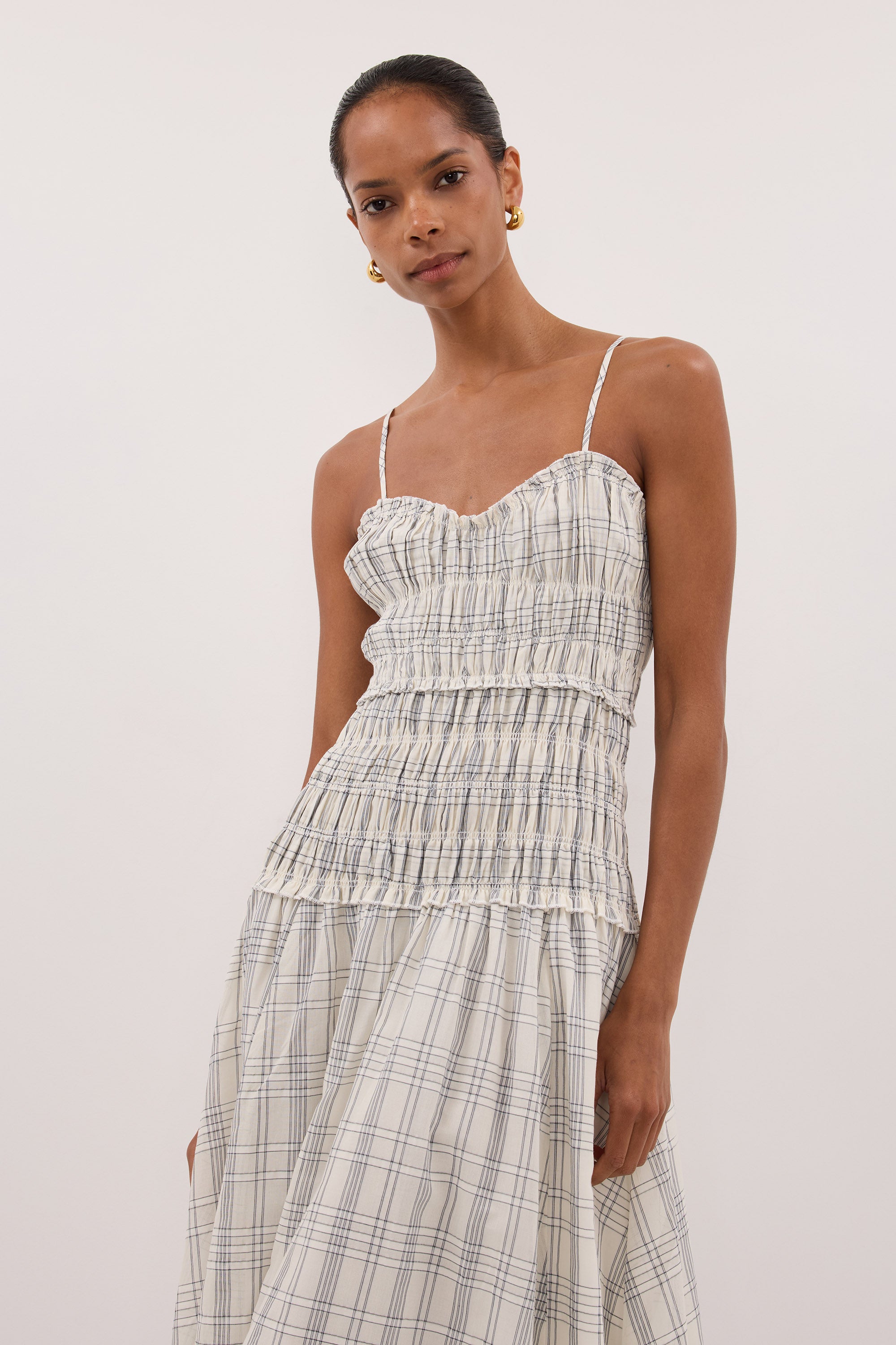 Petra Check Sleeveless Midi Dress in Off White By DISSH Petra Check Sleeveless Midi Dress in Off White By DISSH
