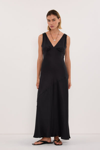 Joanna wearing MILA BLACK SILK MIDI DRESS