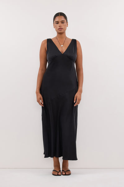 Amanda wearing MILA BLACK SILK MIDI DRESS