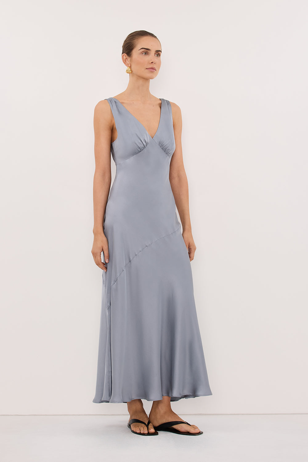 Mila Silk Sleeveless Midi Dress in Dusty Blue By DISSH