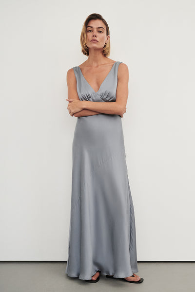 Mila Silk Sleeveless Midi Dress in Dusty Blue By DISSH