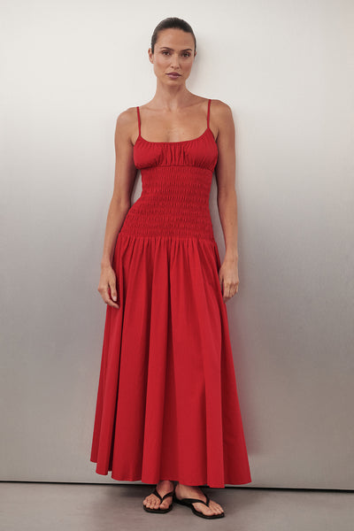 Casey wearing PALOMA RED COTTON MIDI DRESS - PRE ORDER