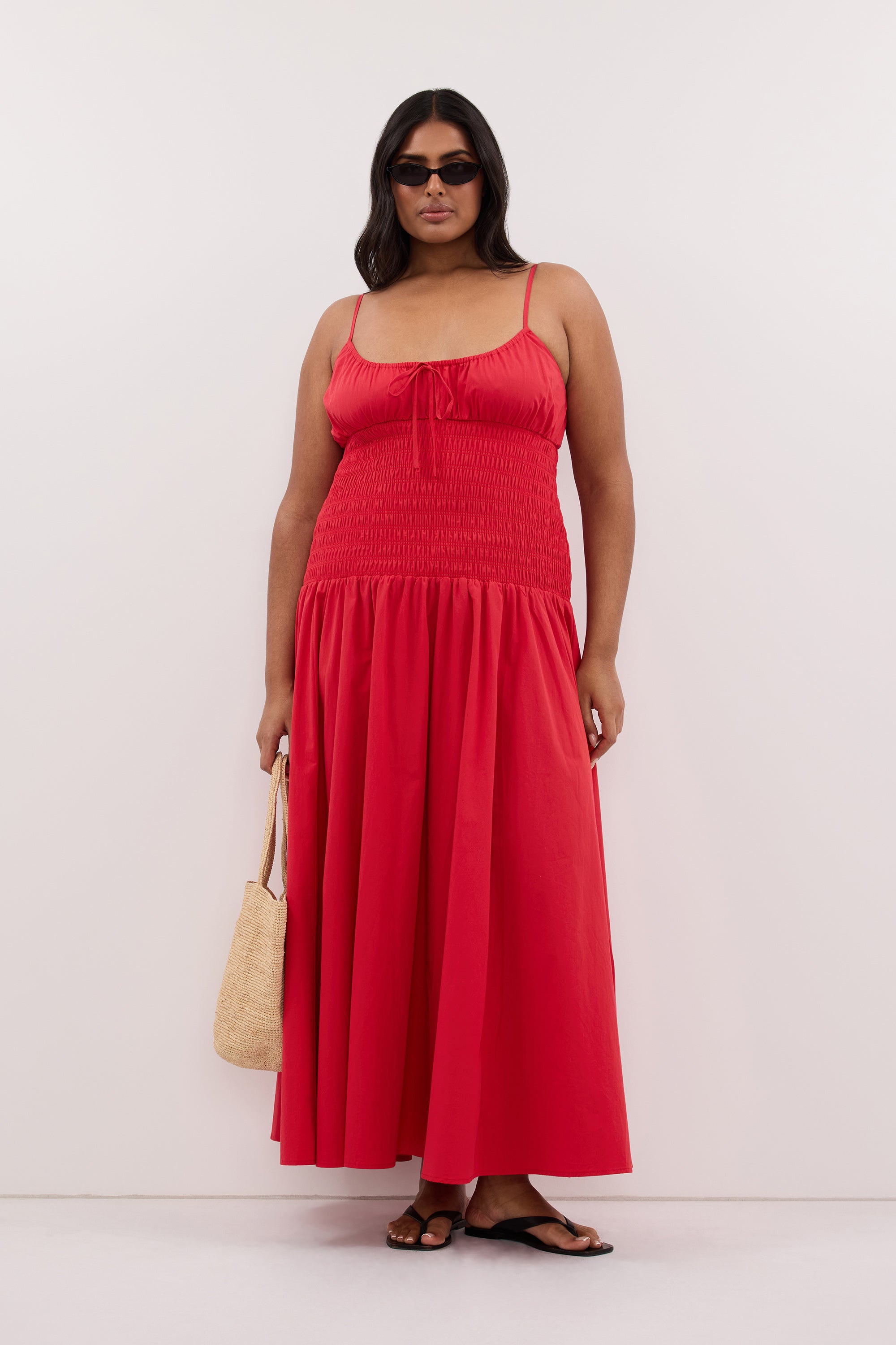 red cotton dress & Other Stories | Belted | functional hip pockets Red Long Organic Cotton Cross-back