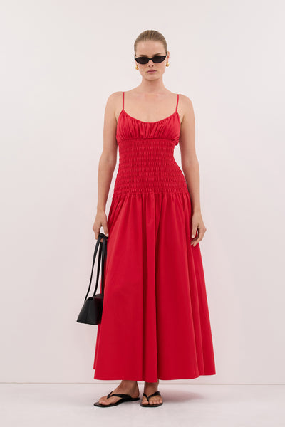 Zoe wearing PALOMA RED COTTON MIDI DRESS - PRE ORDER