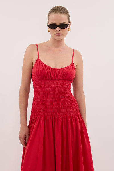Zoe wearing PALOMA RED COTTON MIDI DRESS - PRE ORDER