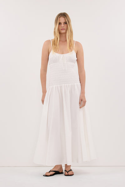 Zoe wearing PALOMA WHITE COTTON MIDI DRESS