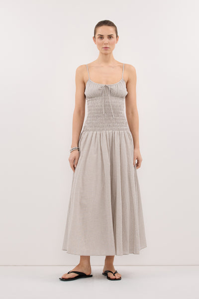 Stas wearing LILA CREAM CHECK MIDI DRESS