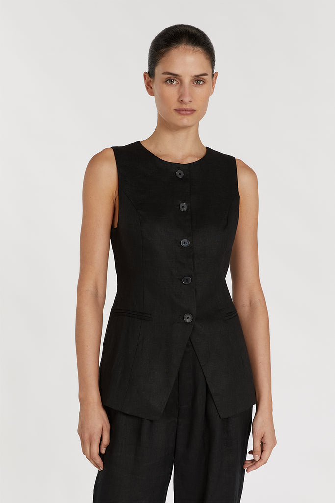 ALESSIA BLACK LINEN VEST | Dissh