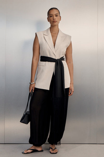 Shimma wearing ROSALIE CREAM MARLE WRAP VEST