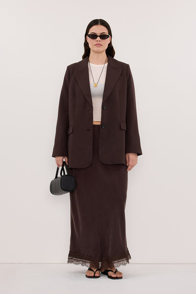 Stas wearing ELLE DARK CHOCOLATE BLAZER