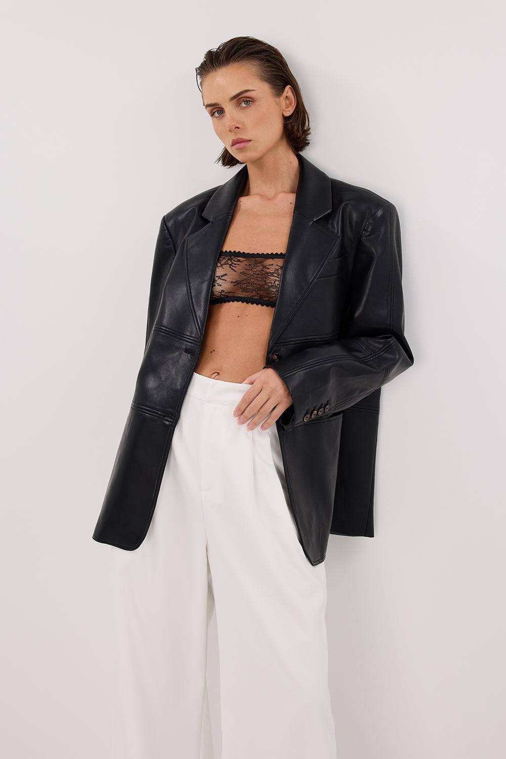 MONTY BLACK FAUX LEATHER BLAZER