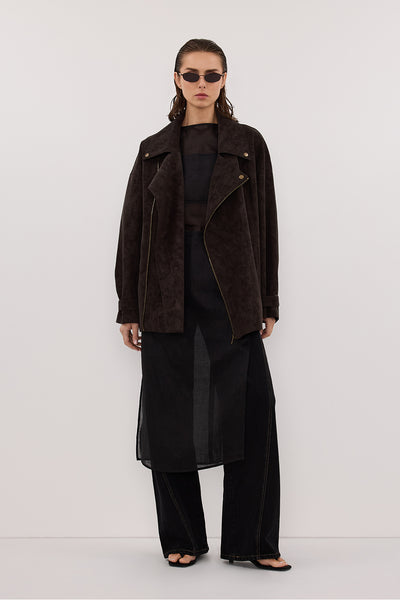 OAKLAND CHOC FAUX SUEDE LONG JACKET – DISSH