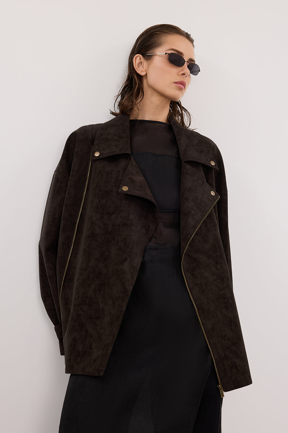 OAKLAND CHOC FAUX SUEDE LONG JACKET – DISSH