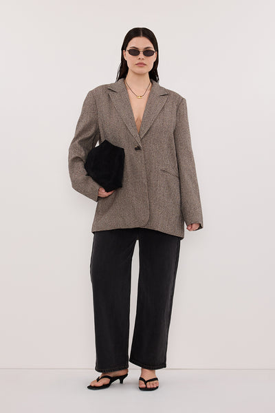 Jasmine wearing FRANKIE CHOC OVERSIZED TWEED BOYFRIEND BLAZER