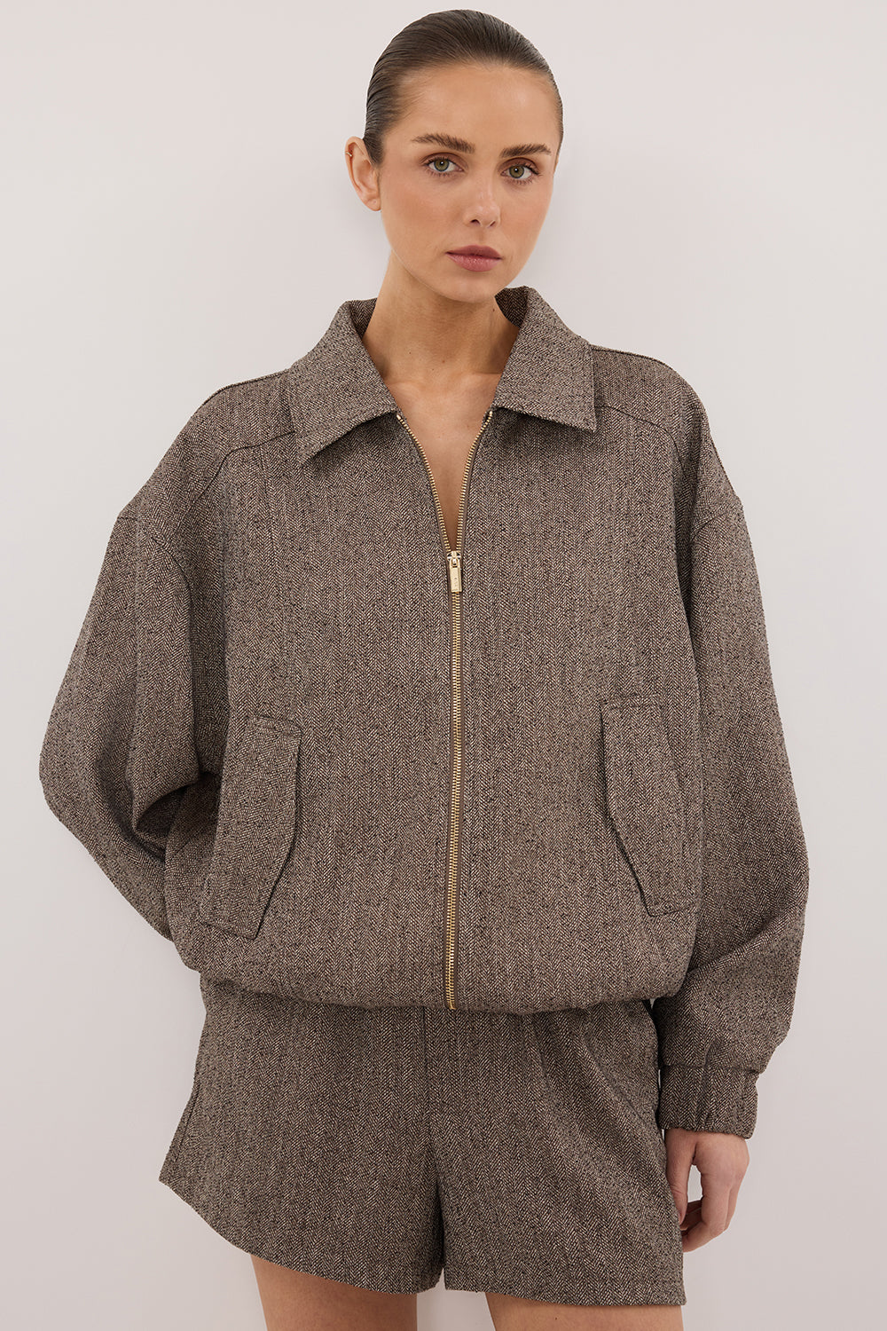 FRANKIE CHOC TWEED BOMBER JACKET