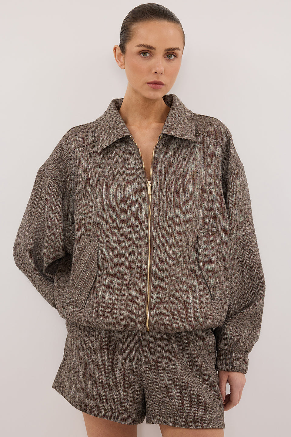 FRANKIE CHOC TWEED BOMBER JACKET