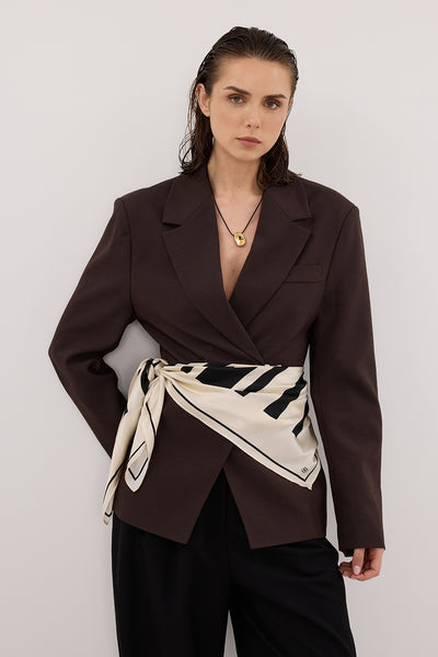 Joanna wearing SURI ESPRESSO CINCHED BLAZER