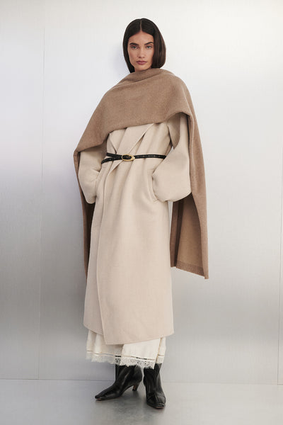 Holly wearing WREN BONE WOOL BLEND COAT