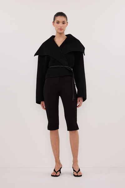 Aude wearing LUCIA BLACK CROPPED WOOL BLEND TRENCH COAT