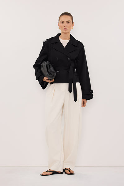 Stas wearing GABRIEL BLACK CROPPED TRENCH COAT