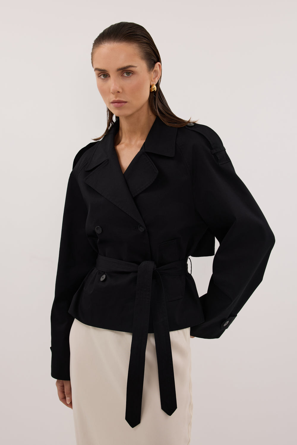 GABRIEL BLACK CROPPED TRENCH COAT