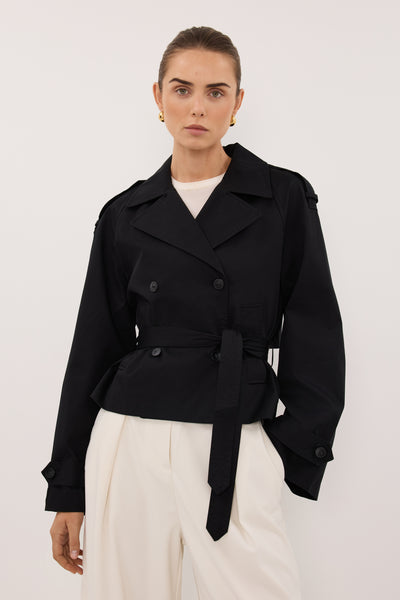 Amanda wearing GABRIEL BLACK CROPPED TRENCH COAT