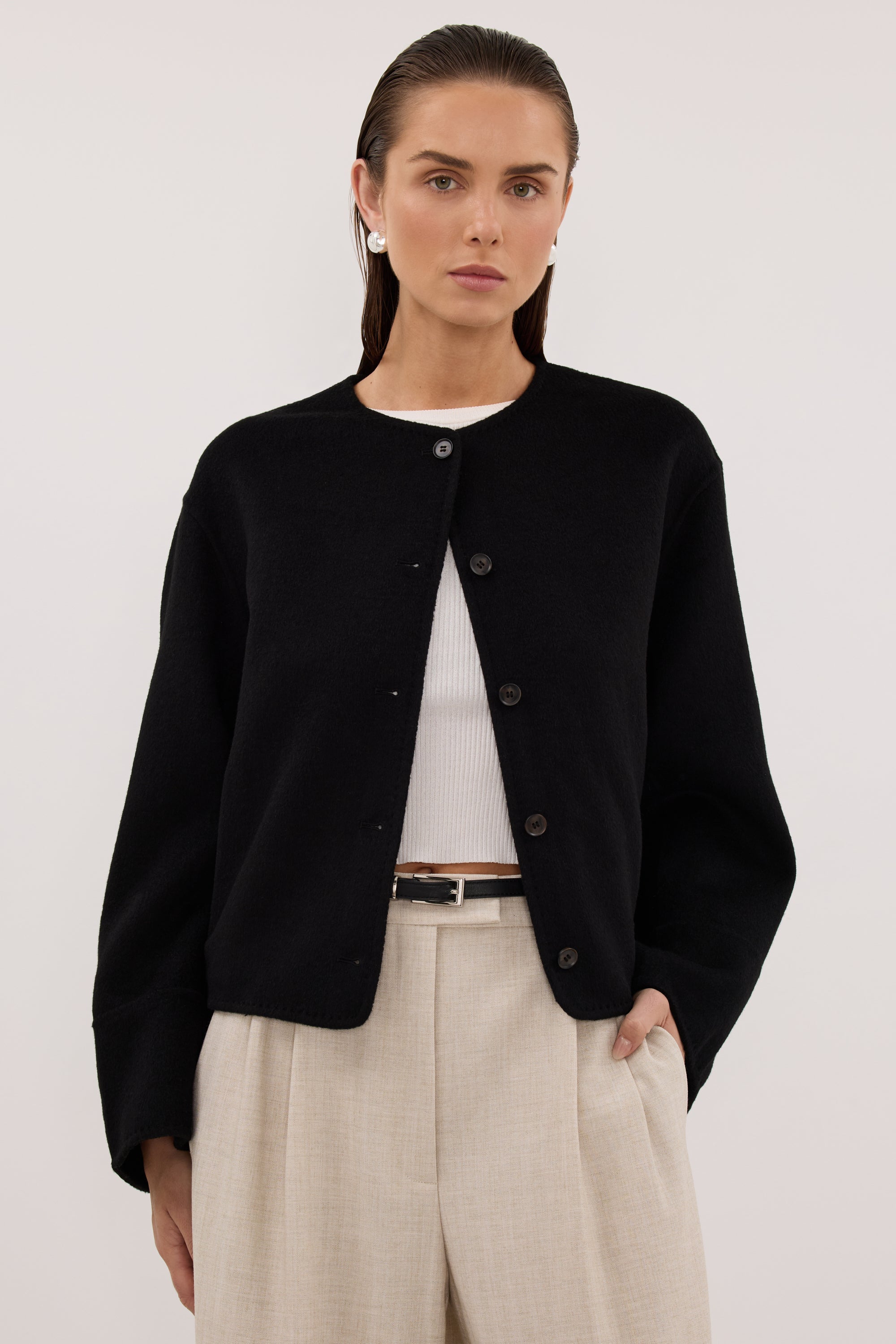 JACLYN BLACK CROPPED WOOL BLEND COAT