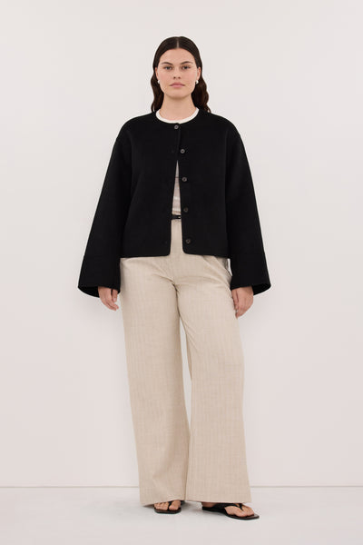 Jasmine wearing JACLYN BLACK CROPPED WOOL BLEND COAT