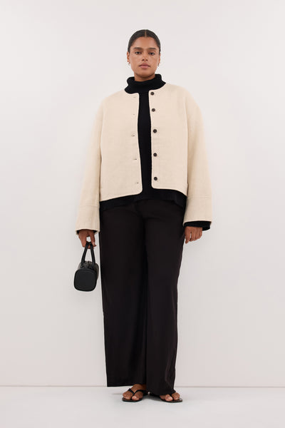 Amanda wearing JACLYN IVORY MARLE CROPPED WOOL BLEND COAT