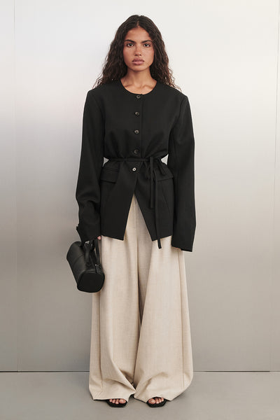 Keilani wearing CYRUS BLACK COLLARLESS BLAZER