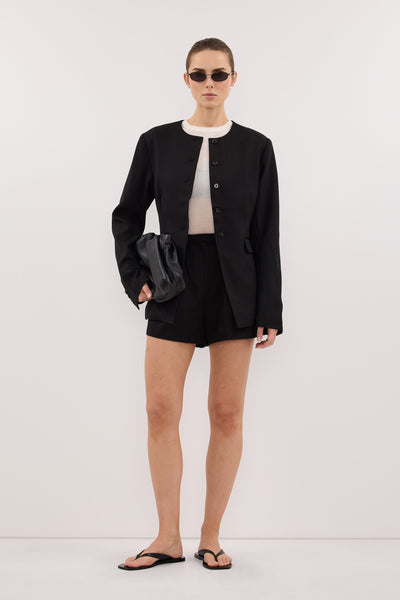 Aude wearing CYRUS BLACK COLLARLESS BLAZER