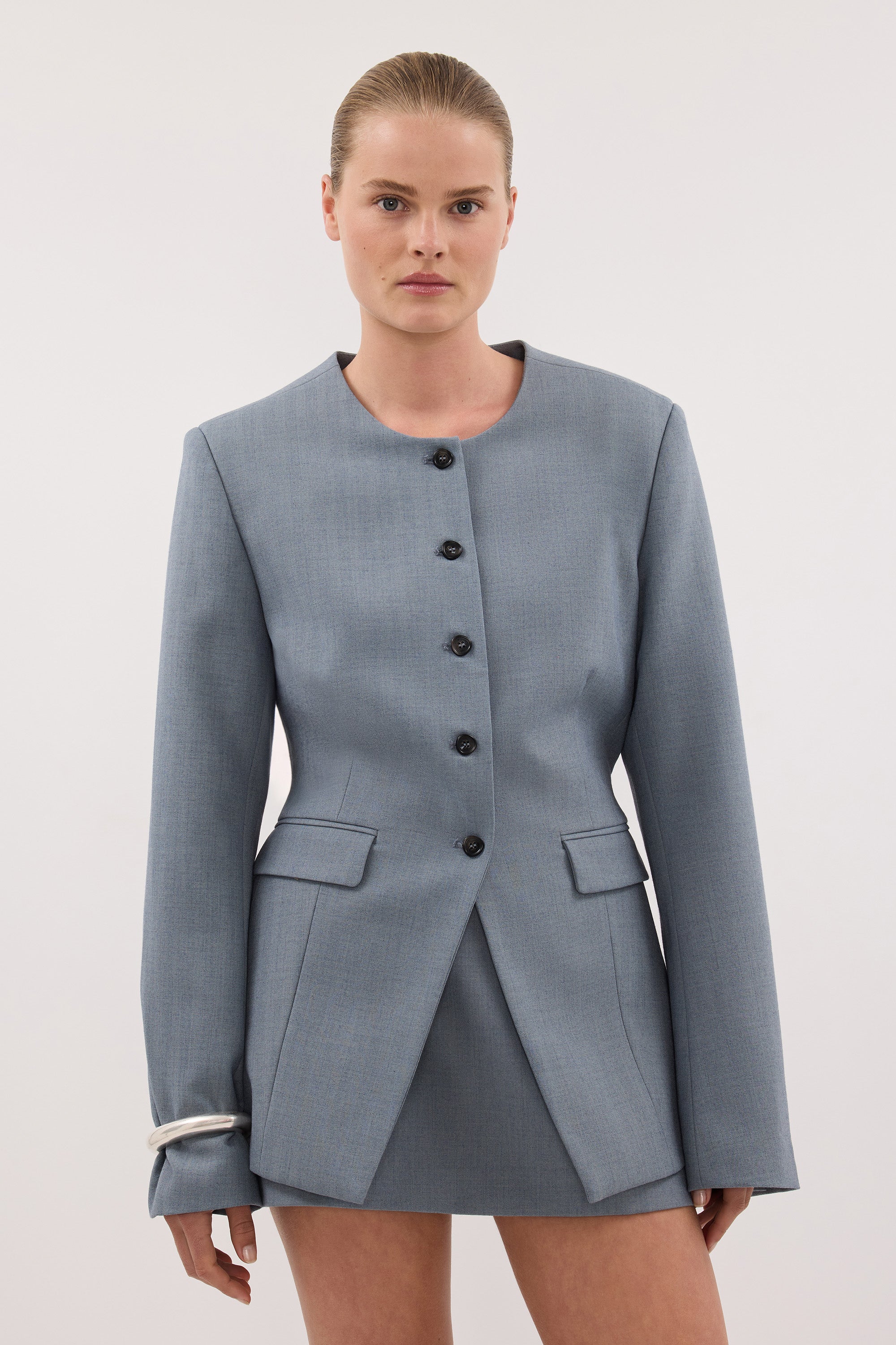 PEYTON DUSTY BLUE COLLARLESS BLAZER - PRE ORDER