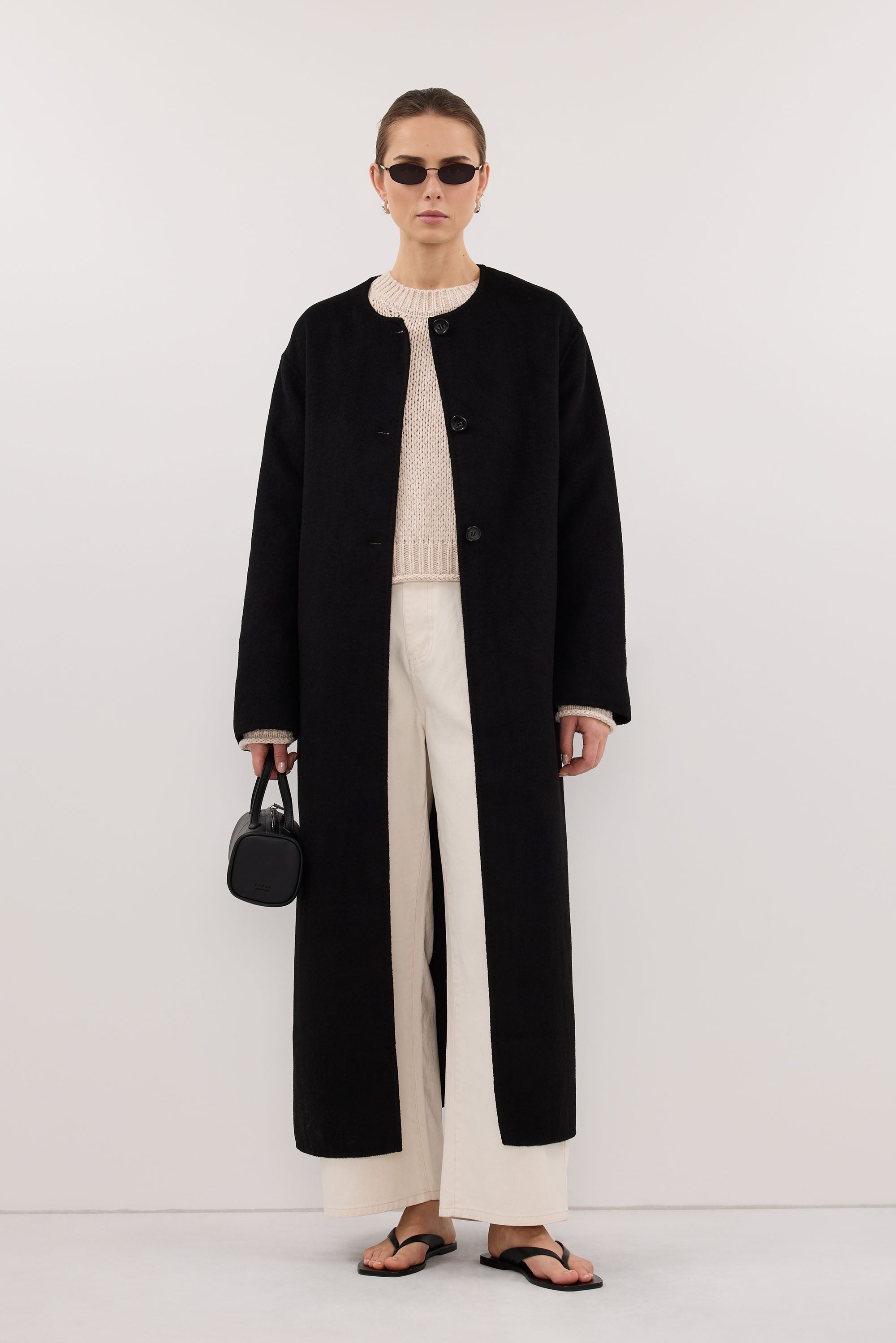 GRETA BLACK COLLARLESS WOOL BLEND COAT