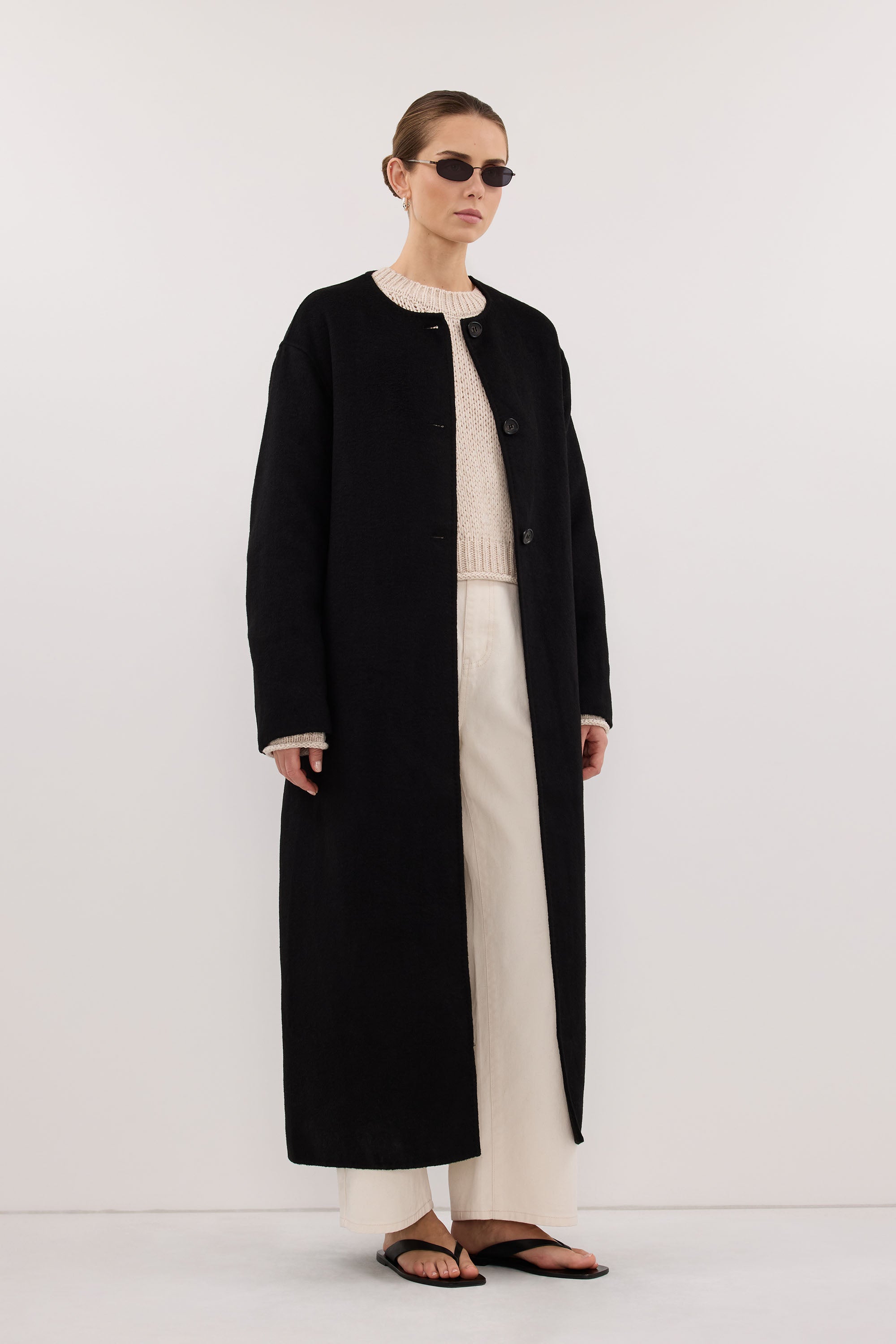 GRETA BLACK COLLARLESS WOOL BLEND COAT