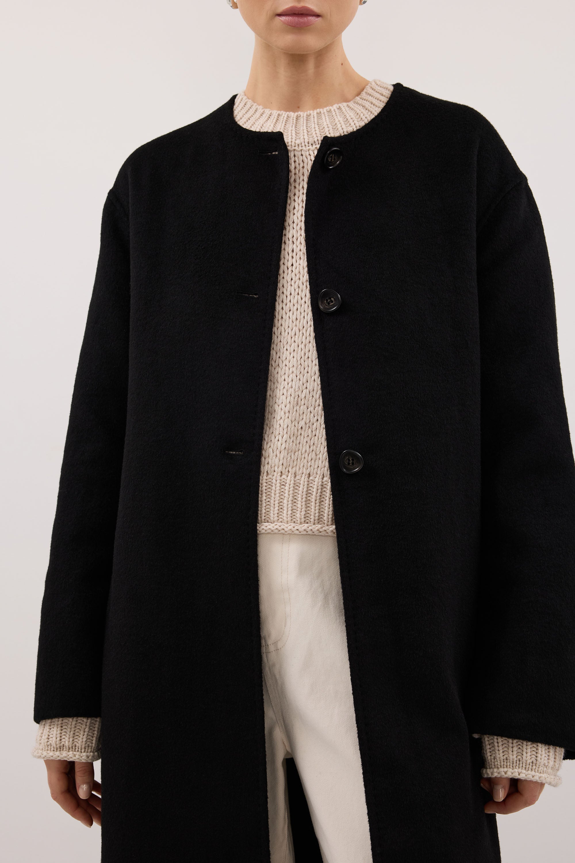 GRETA BLACK COLLARLESS WOOL BLEND COAT