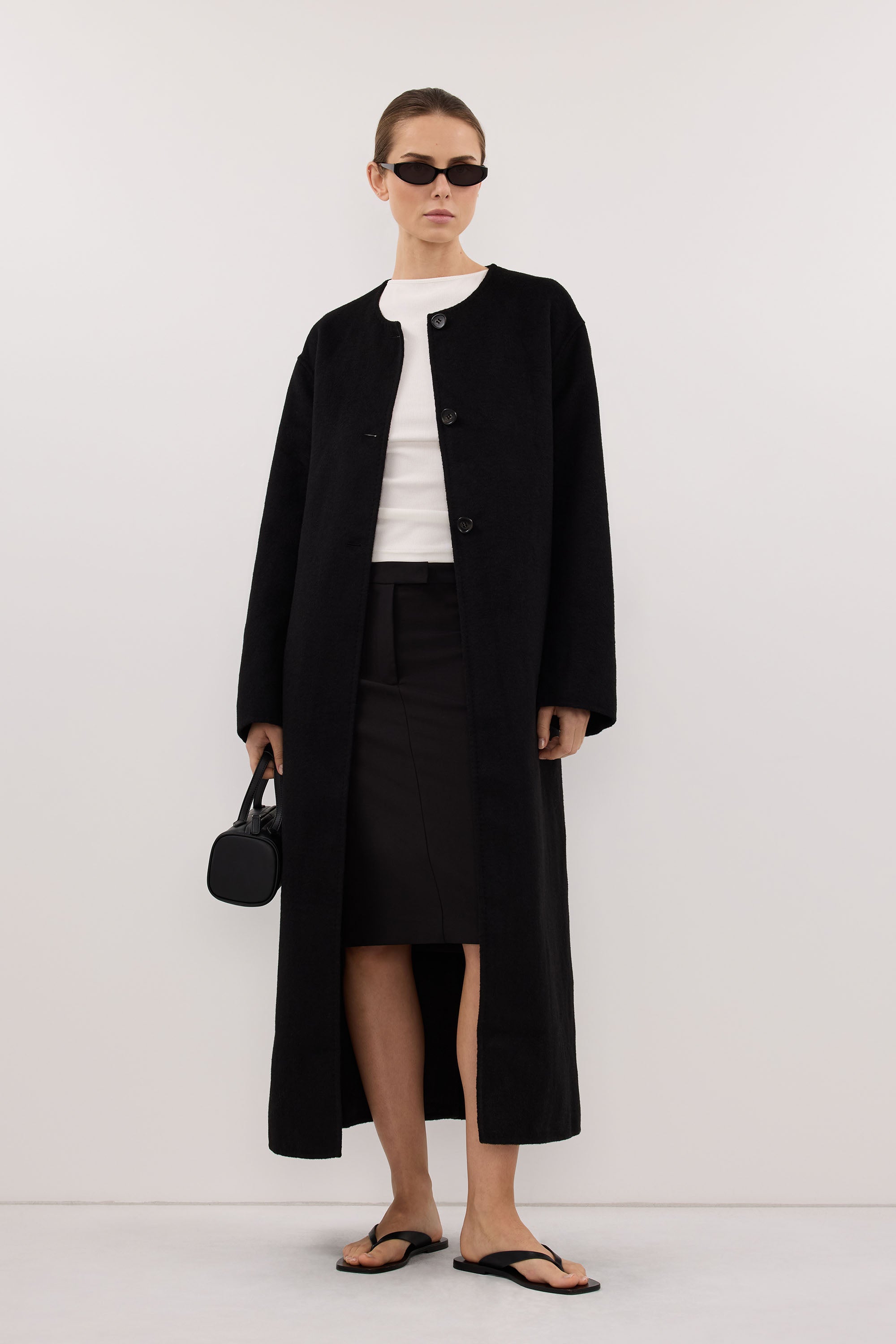 GRETA BLACK COLLARLESS WOOL BLEND COAT