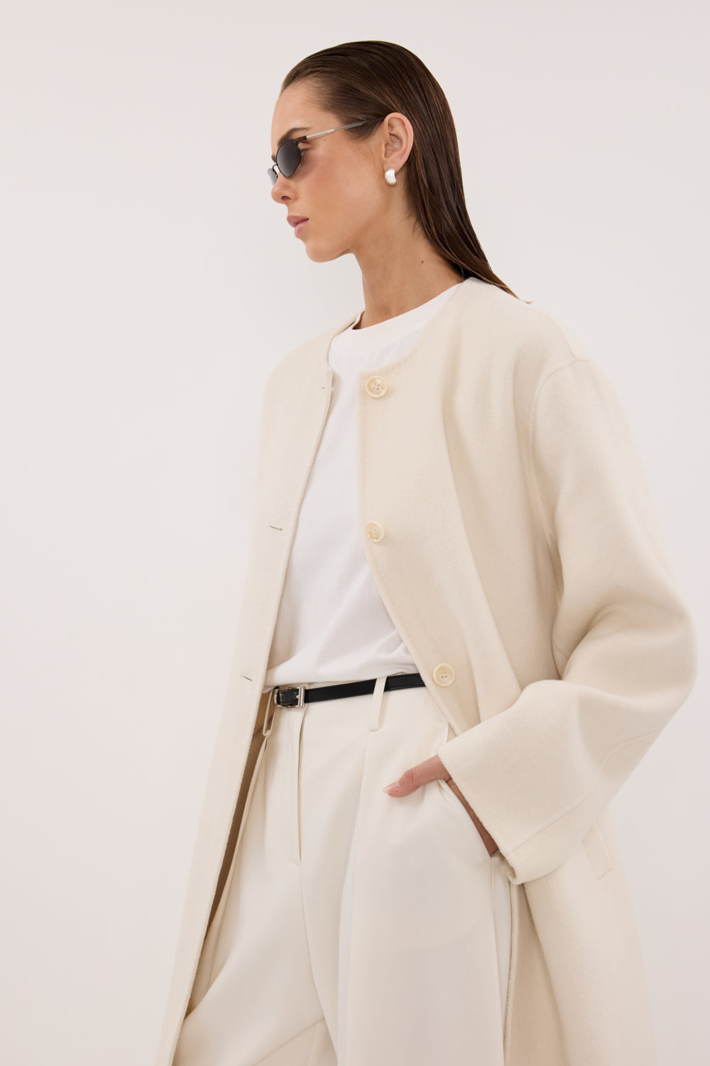 GRETA OFF WHITE COLLARLESS COAT