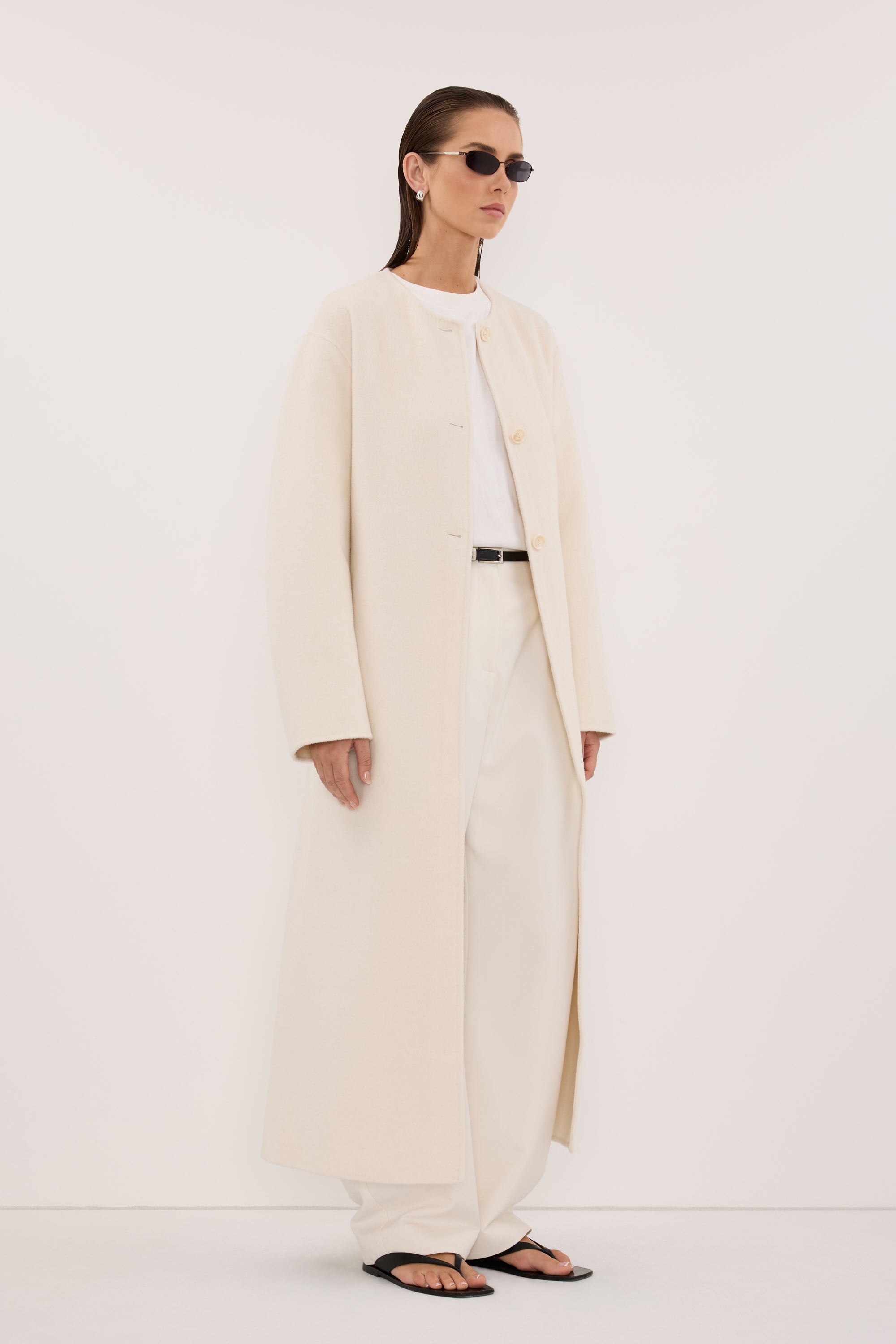 GRETA OFF WHITE COLLARLESS WOOL BLEND COAT