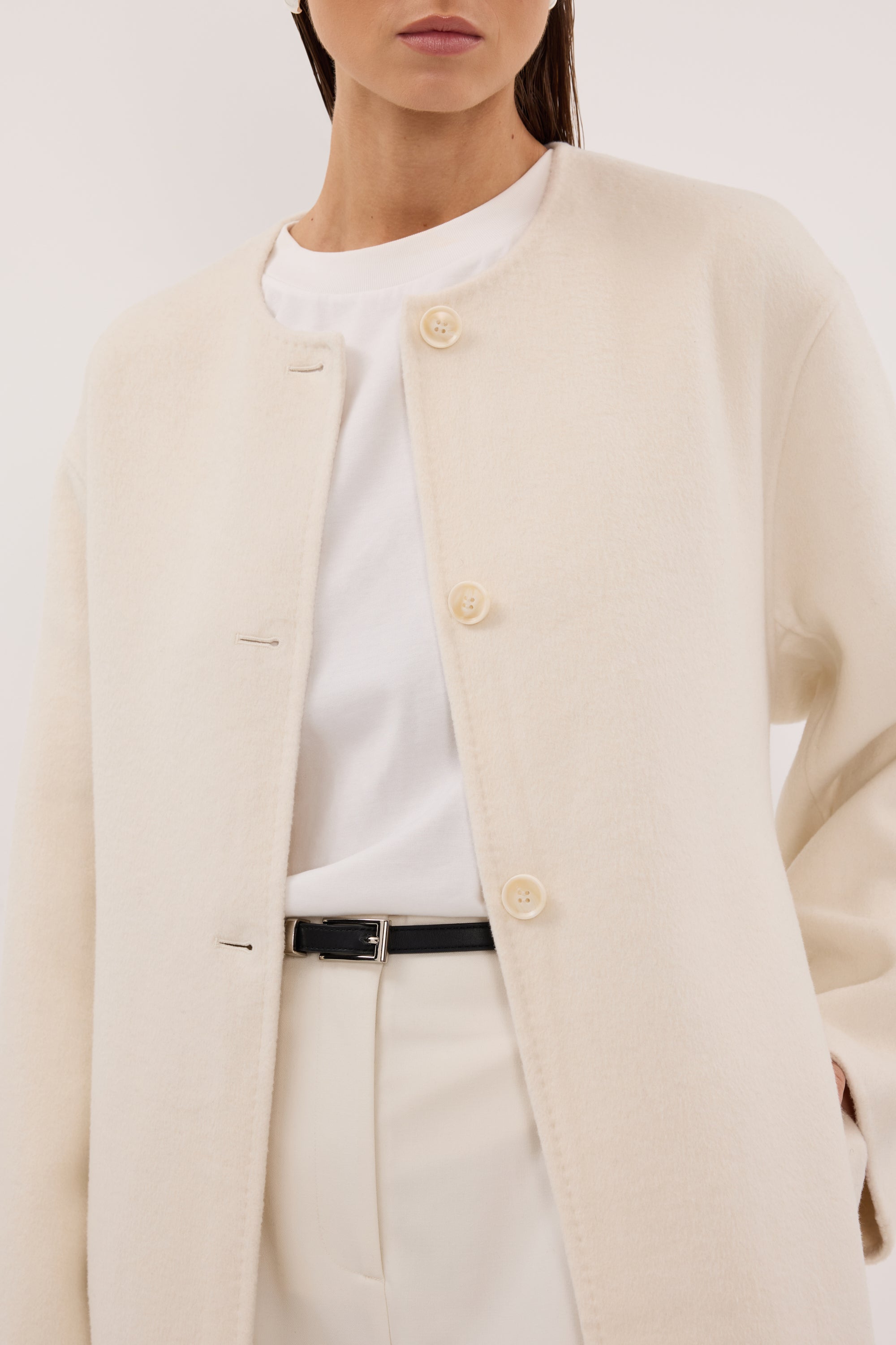 GRETA OFF WHITE COLLARLESS WOOL BLEND COAT – DISSH