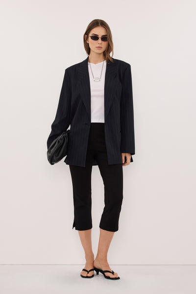 Stas wearing SIAN INK PINSTRIPE OVERSIZED BLAZER