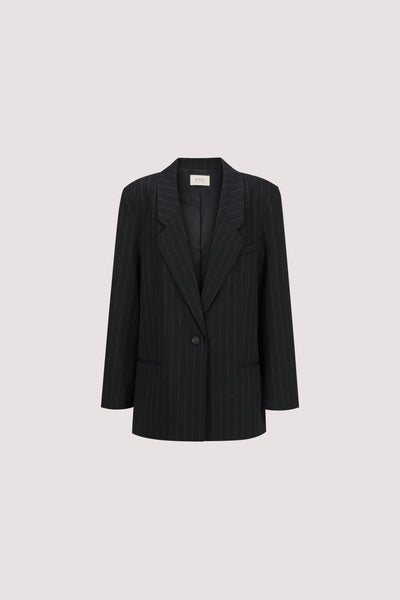 Holly wearing SIAN INK PINSTRIPE OVERSIZED BLAZER