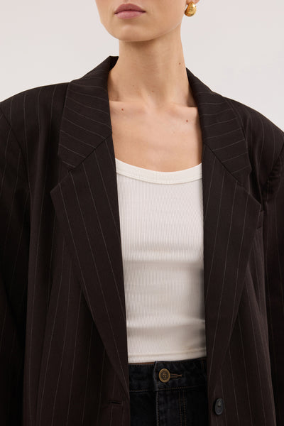 Joanna wearing SIAN PEAT CHOC STRIPE OVERSIZED BLAZER